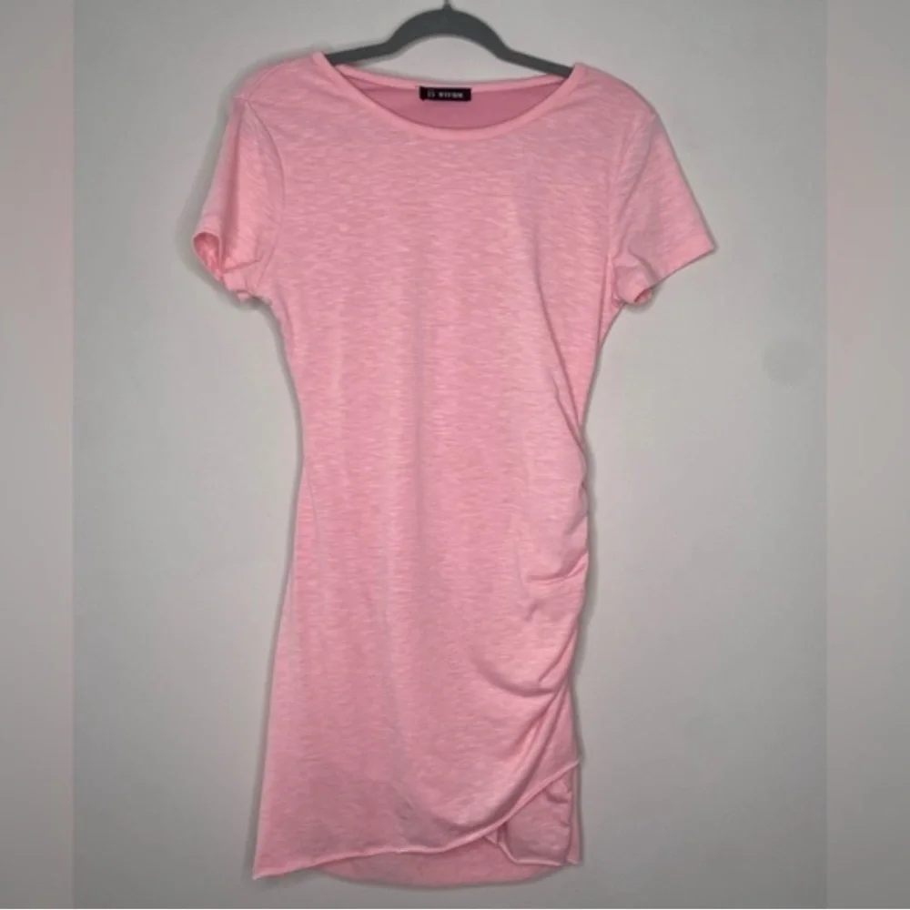 Pink Asymmetrical Hem Rouched Jersey Knit Cap Sleeve T-Shirt Dress